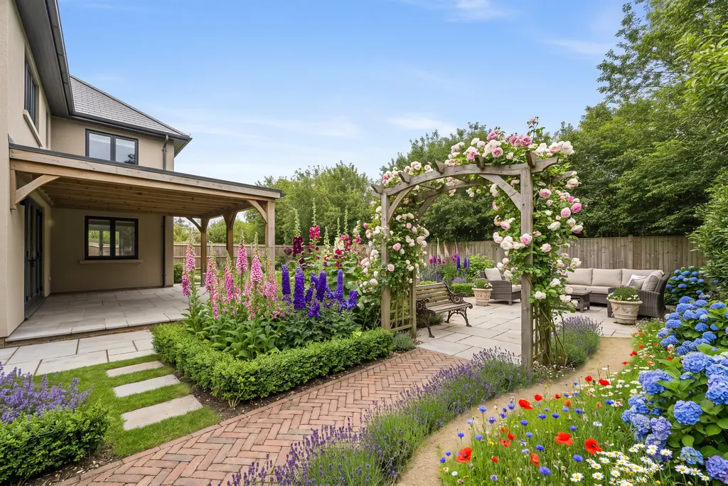 The same backyard after AI virtual staging in the English Cottage style