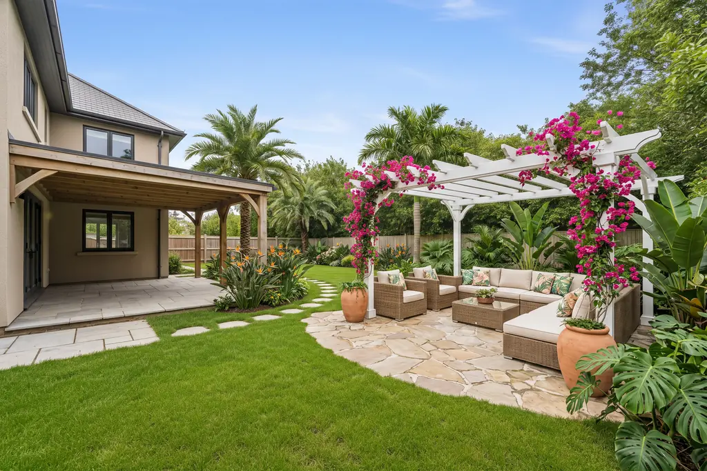 The same backyard after AI virtual staging in the Tropical style