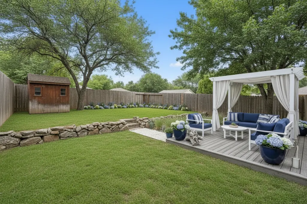 The same backyard after AI virtual staging in the Coastal style