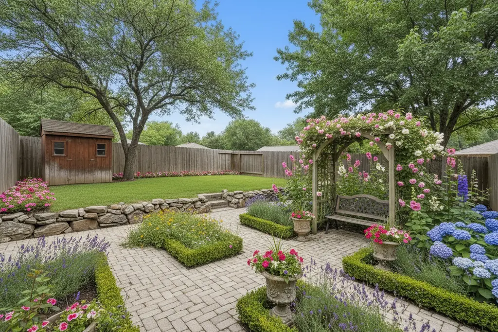 The same backyard after AI virtual staging in the English Cottage style
