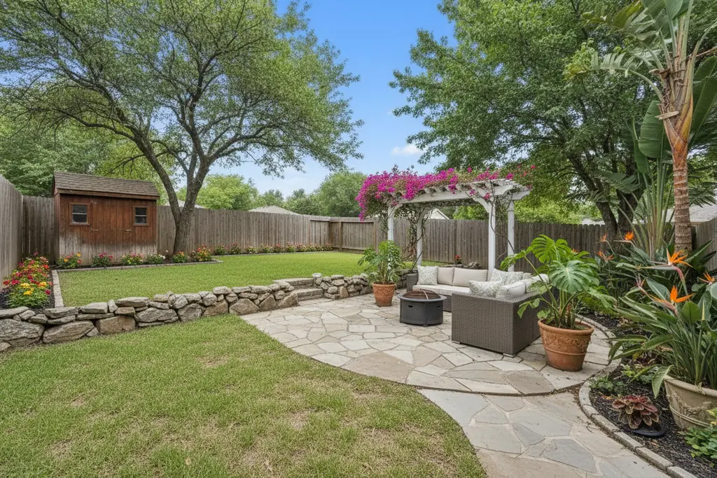 The same backyard after AI virtual staging in the Tropical style