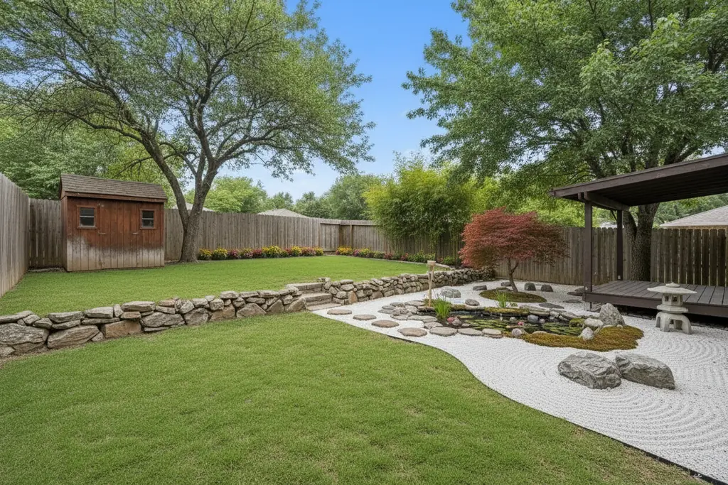 The same backyard after AI virtual staging in the Zen Garden style