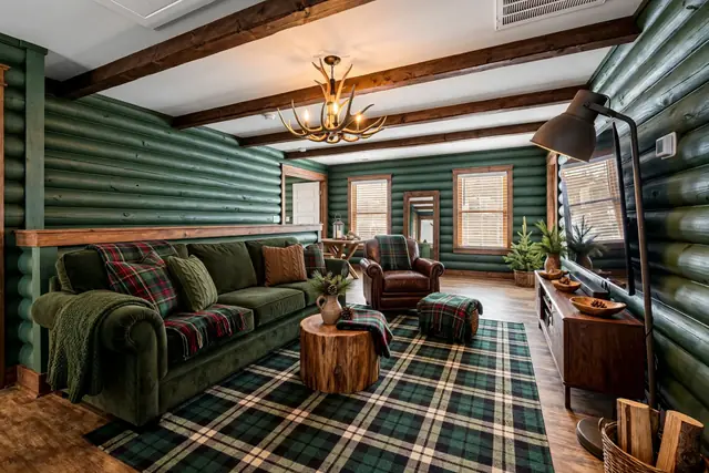 The same family room restyled as a Canadian cabin: green log-style walls, timber ceiling beams, an antler chandelier, a green velvet sofa with plaid pillows, a stump side table, a leather armchair and a tartan rug; windows, door, TV and console unchanged