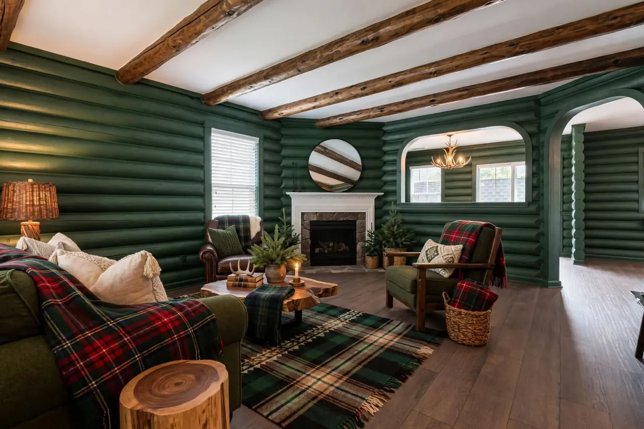 The same room restyled as a Canadian cabin: green log-style wall cladding, timber ceiling beams, an antler chandelier in the dining room, a green sofa with plaid throws, a live-edge table and leather armchairs; fireplace, mirror, window and both arches unchanged