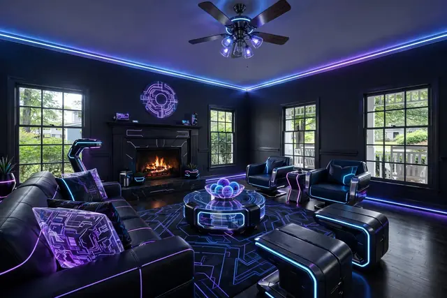 The same living room staged in Cyberpunk: charcoal walls, a dark floor, a neon strip along the ceiling, black leather seating with lit edges and a glowing glass table; fireplace, windows and ceiling fan unchanged