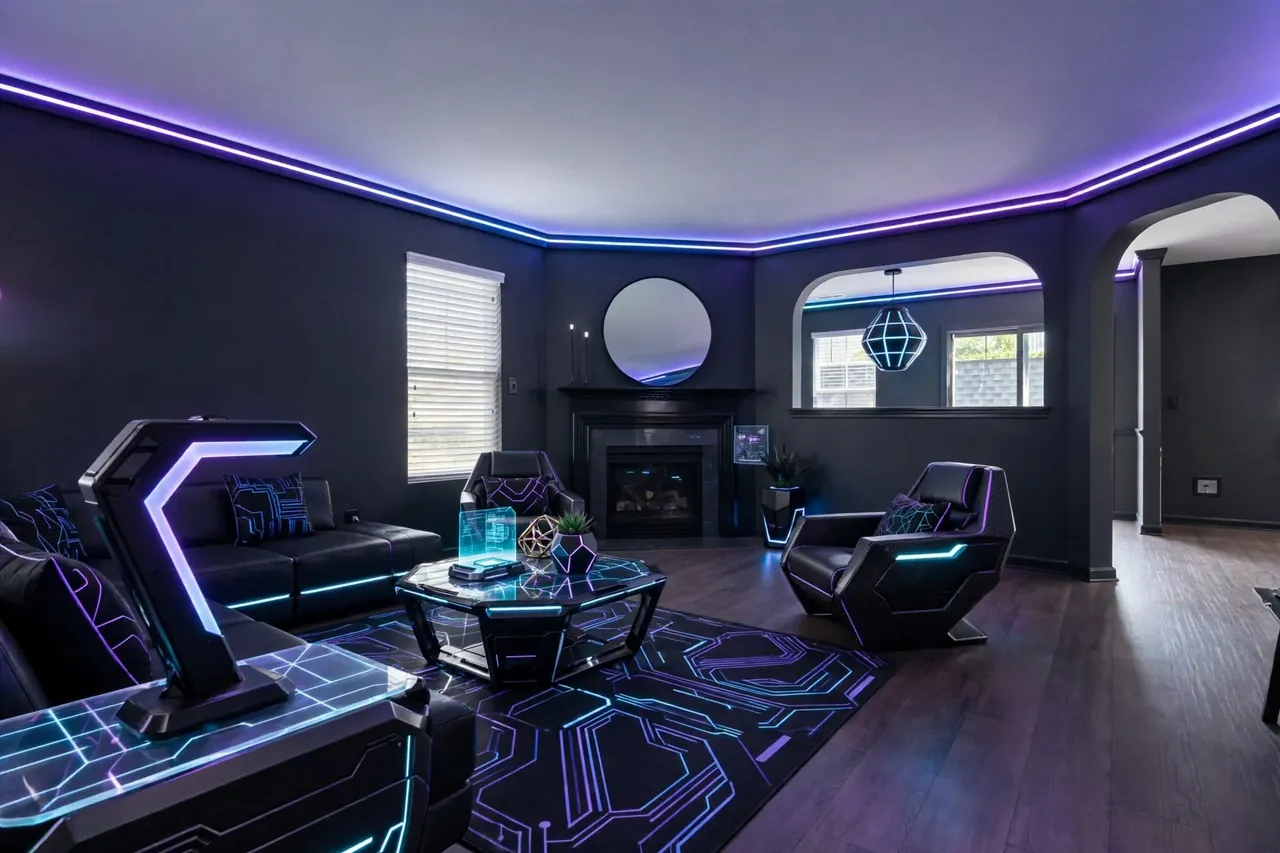 The same room staged in Cyberpunk: dark walls, a neon cove at the ceiling, black leather chairs and a lit glass table; fireplace, mirror, window, both arches and the pass-through unchanged