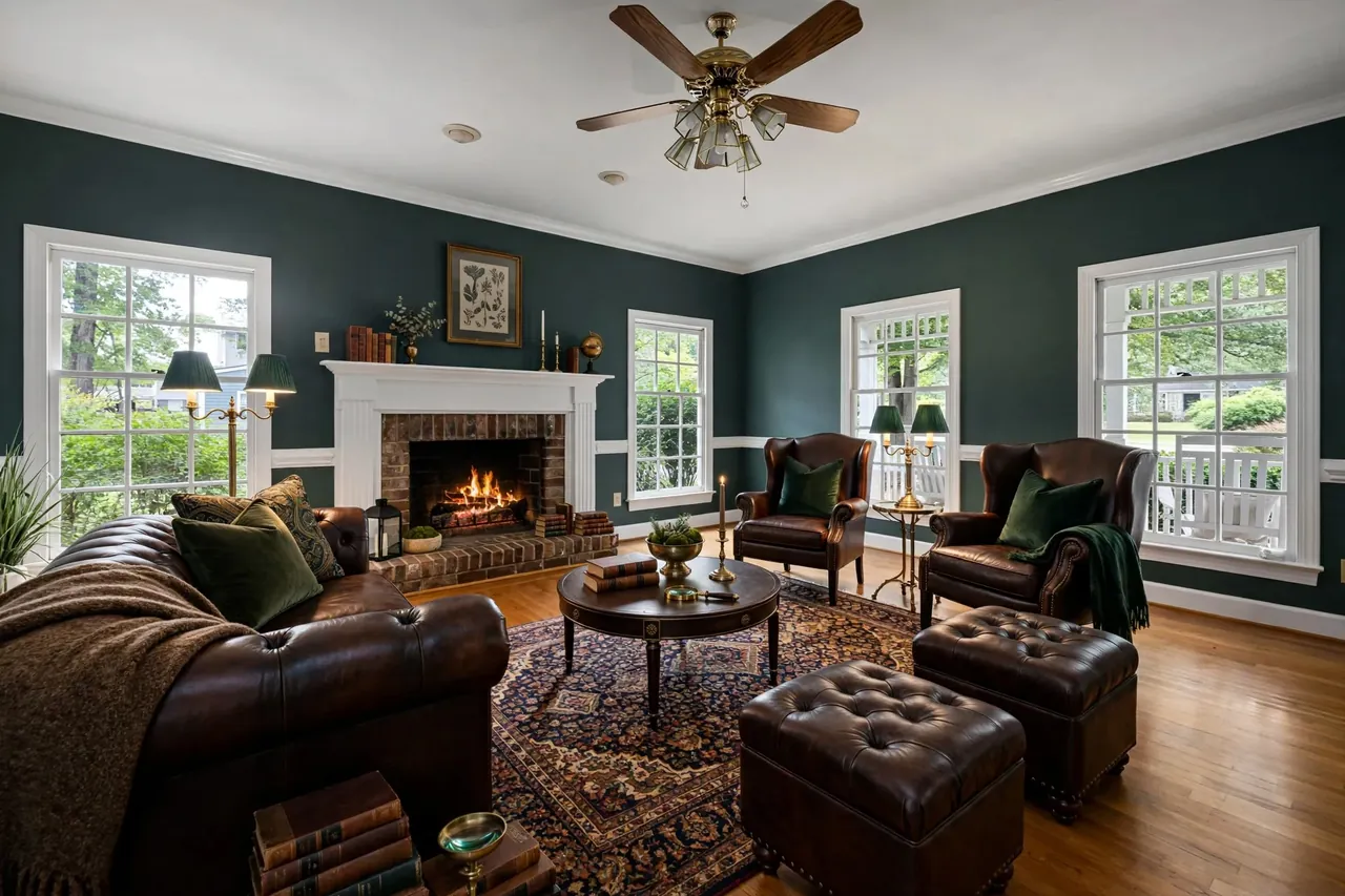 The same living room staged in Dark Academia: deep green walls, a Chesterfield sofa, leather wing chairs, tufted ottomans, a Persian rug and green-shaded brass lamps; brick fireplace, windows, trim and ceiling fan unchanged