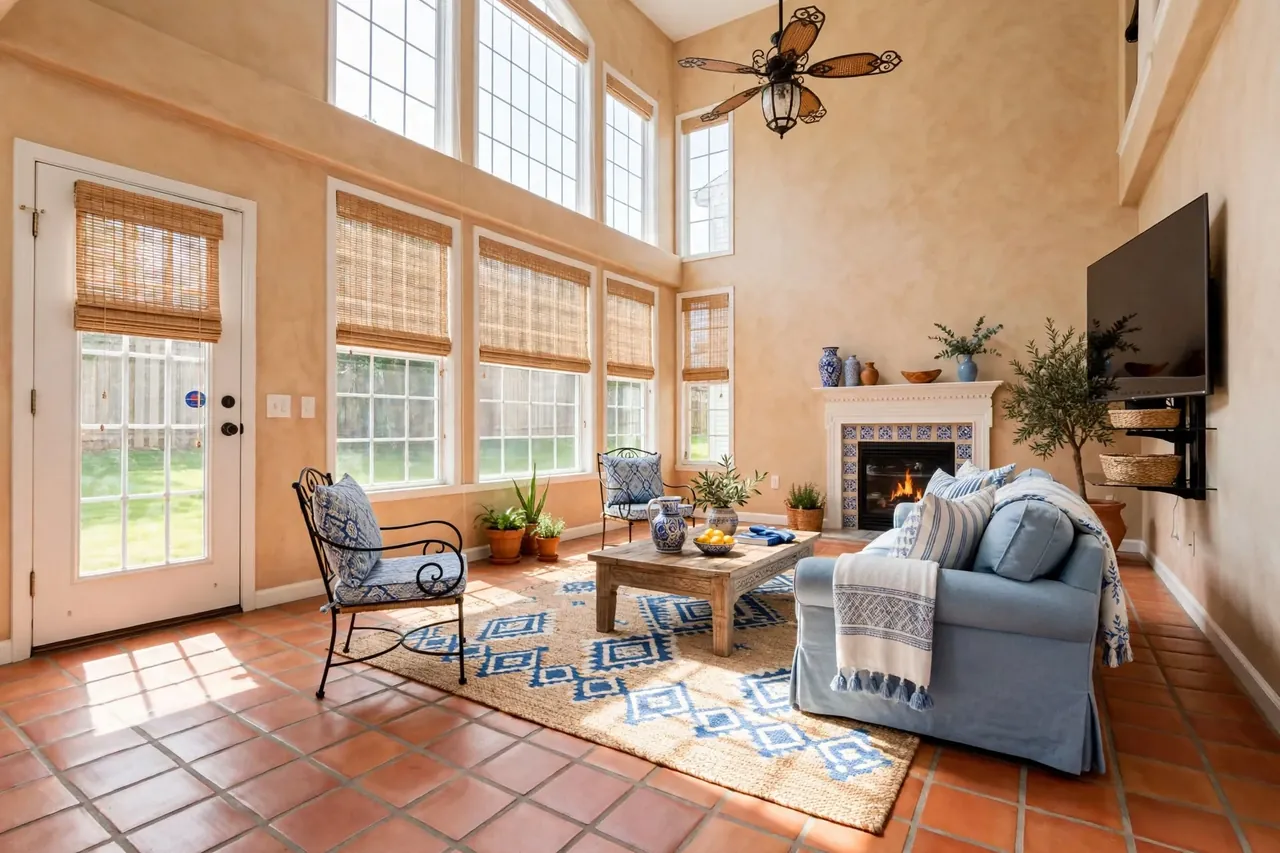 The same room staged in Mediterranean: sand-coloured plaster walls, terracotta floor tiles, bamboo shades, a blue-and-white tiled fireplace surround, a slipcovered sofa, wrought-iron chairs and a jute rug; windows, door and TV unchanged