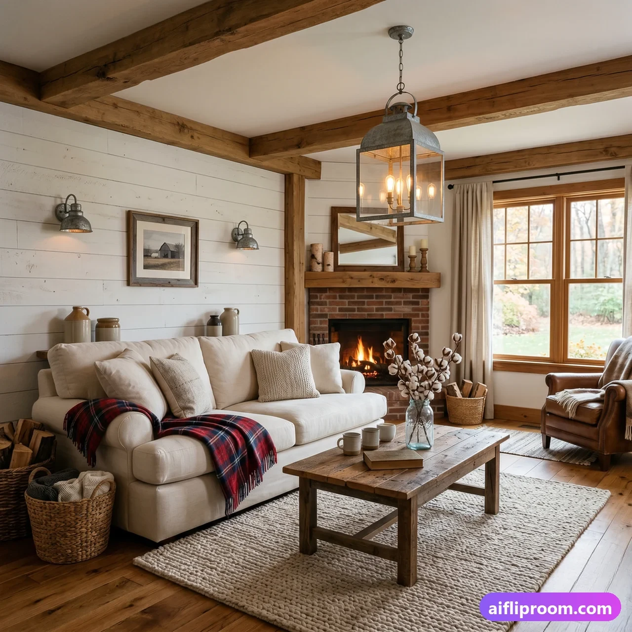 Modern farmhouse interior with white walls, warm wood, and black accents