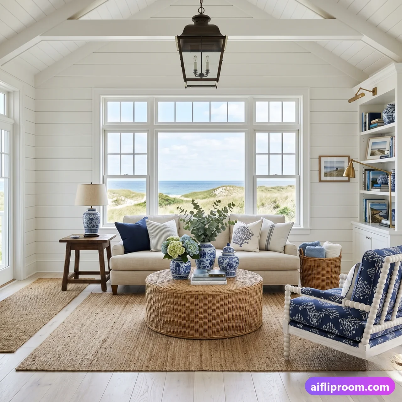 An AI-generated illustration of the Hamptons style from the AI Flip Room style library: white shiplap walls under a vaulted ceiling, a lantern pendant, a cream sofa with navy and striped cushions, a round woven coffee table with blue-and-white jars, a blue patterned armchair, built-in bookshelves and a window onto dunes and the sea.