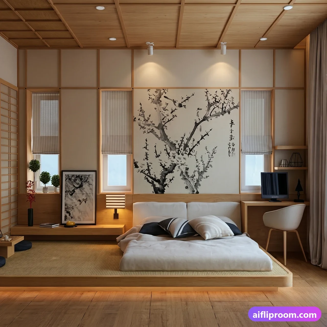 A Japandi-style living room generated with AI virtual staging
