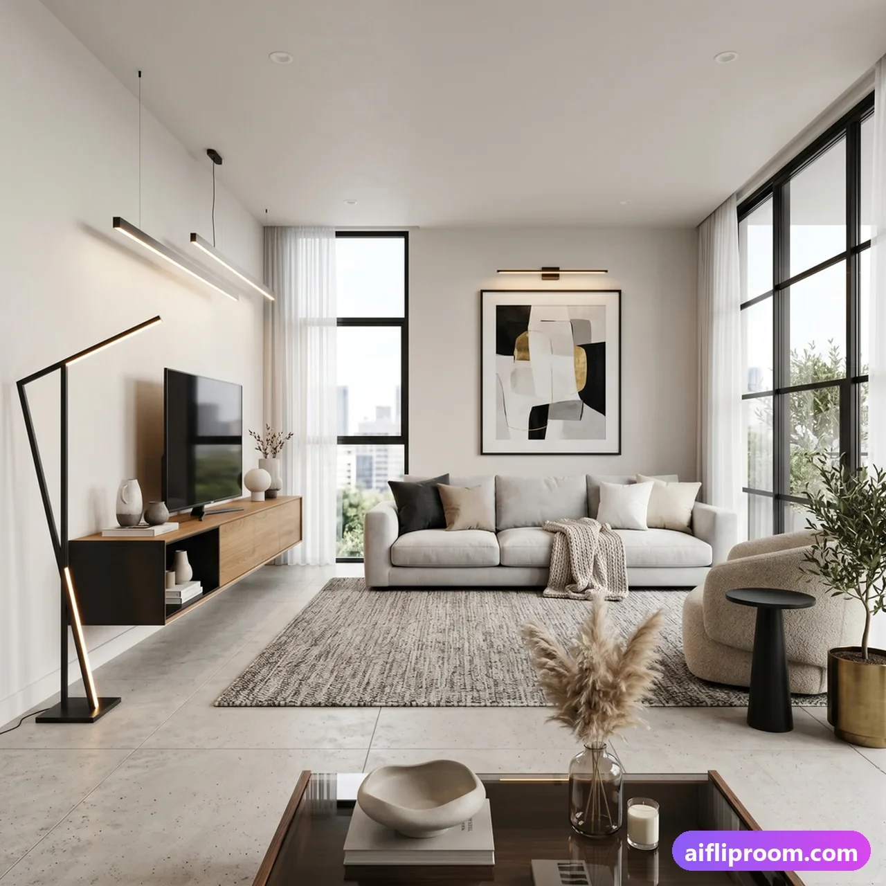 A Modern living room preview: a grey sofa, black-framed windows with a city view, a linear pendant light, a floor lamp, a low wooden media unit and abstract art.